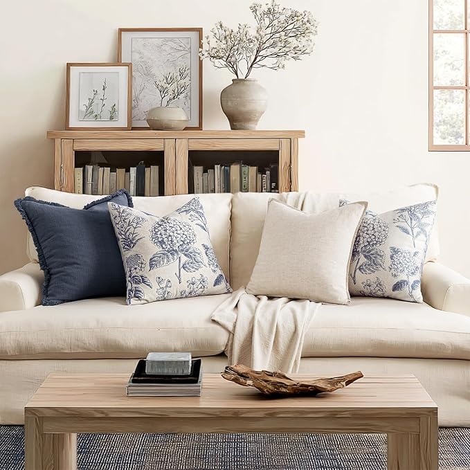 Set of 2 Decorative Floral Pillow Covers 20x20 Inch Navy Blue | Neutral Hydrangea Print, Boho Vintage Throw Cushion Covers, Cottagecore Home Decor, for Sofa Couch Porch Bedroom Living Room