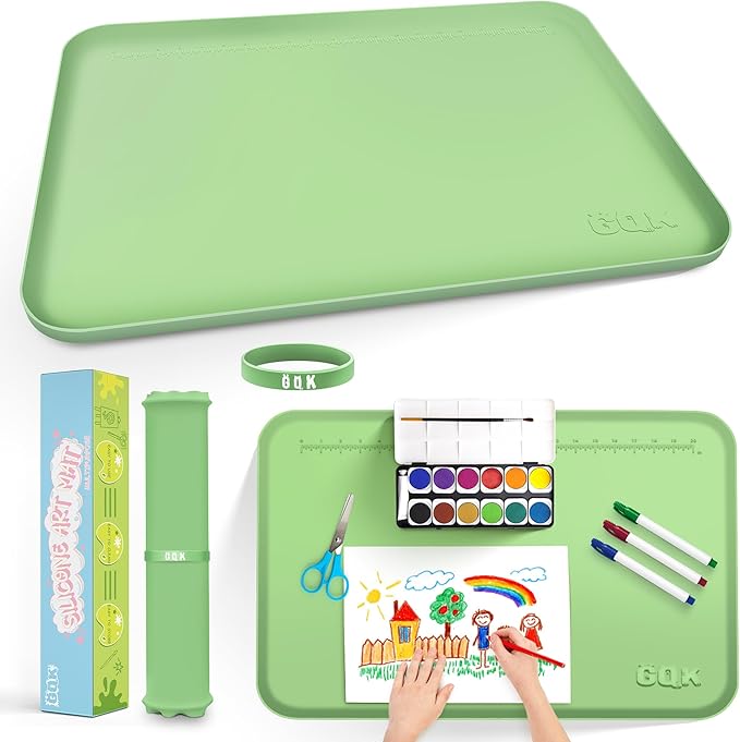 Silicone Art Mat for Crafts, 24" x 16" Painting Mat for Kids with Raised Sides to Stay Tidy, Paint Craft Mats for Clay, Resin, Slime, Jewelry-Making & Crafts Creation (Green)