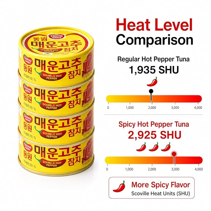 Double Hot Pepper Tuna, Korean Spicy Canned Tuna with Chili Pepper Sauce, High Protein Seafood, 4.76 oz (135g) Cans, 4 Pack (Dongwon)