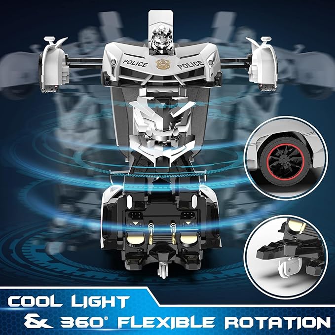 Remote Control Car - Transforming Toy Car Robot, One-Button Deformation with Flashing Lights 2.4GHz 1:18 Scale Transforming Police Car with 360-Degree Rotation Toys for Boys and Girls