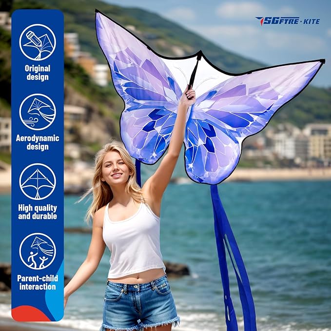 SGftre Golden Butterfly Design Kites ，Outdoor Work Colorful Kite Long Tails，Easy to Fly ，Outdoor Flying Toys for Adult and Kids Surf with Handle