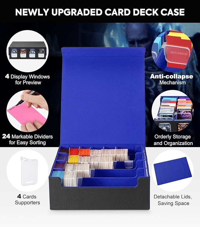 MoKo Card Storage Box for Trading Cards, 3000+ MTG Deck Box with 24 Colorful Dividers & 4 Card Supporters, Commander Card Deck Case with Display Window, Fits for Magic Game Cards, YugiOh, Black Blue