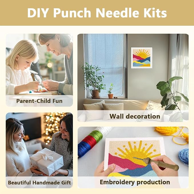 Doodlream Colorful Mountain Sun DIY Punch Needle Embroidery Kit for Adult Beginner, 9.4" Landscapes Punch Stitching Craft Set for Starter with Frame,Fabric Pattern,Threader, Yarn, Pinch Needle