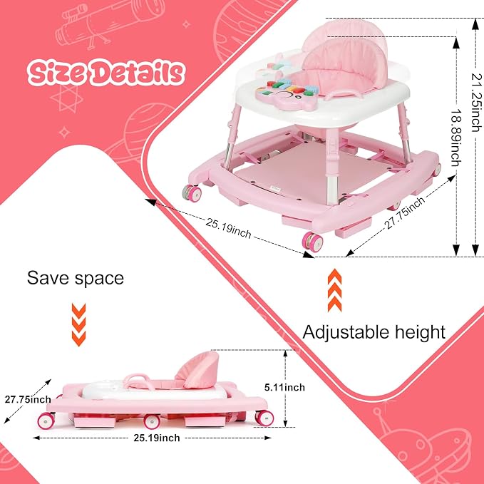 5-in-1 Baby Walker for Boys and Girls Music and Lights 6-18 Month, Foldable Baby Walkers with 5 Adjustable Heights, Infant Toddler Walker with Wheels and Combo Portable（Pink）