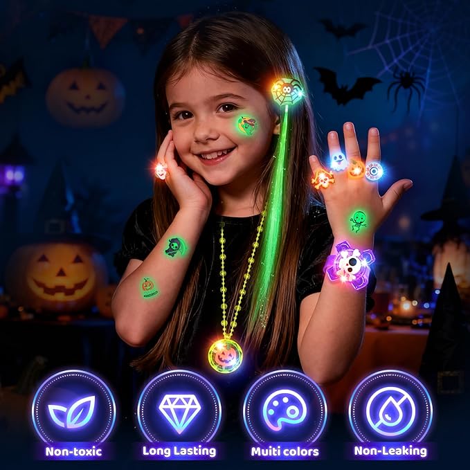 Halloween Party Favors for Kids, 72 Light Up Rings Necklaces Temporary Tattoos Rotating Bracelets Hair Lights, Halloween Trick or Treat Toys Gifts, Goodie Bag Stuffers, Halloween Toys Prizes Bulk