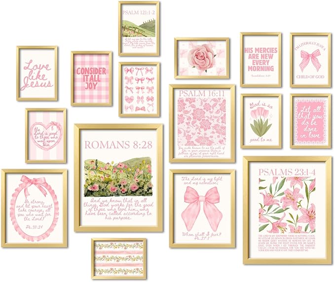 16 PCS Framed Christian Coquette Wall Art Decor, Pink Bow Bible Verses Wall Collage Kit Prints for Bedroom, Gallery Wall Frame Set, Jesus Posters for Living Room Aesthetic, Dorm Artwork for Girls Kids