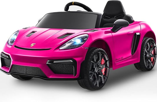 12V Ride on Car Licensed Porsche 718, Kids Electric Car with Remote Control, Front/Rear LED Light, Radio, USB/AUX, Openable Doors, Suspension Function, Durable Tires (Pink)