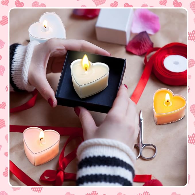 Honoson 12 Pack Valentine's Day Heart Tea Lights Candles Heart Tea Light Natural Wax Scented 6 Scents Conversation Candles for Spring Easter Wedding Engagement Gifting Aromatherapy Anniversary Decor
