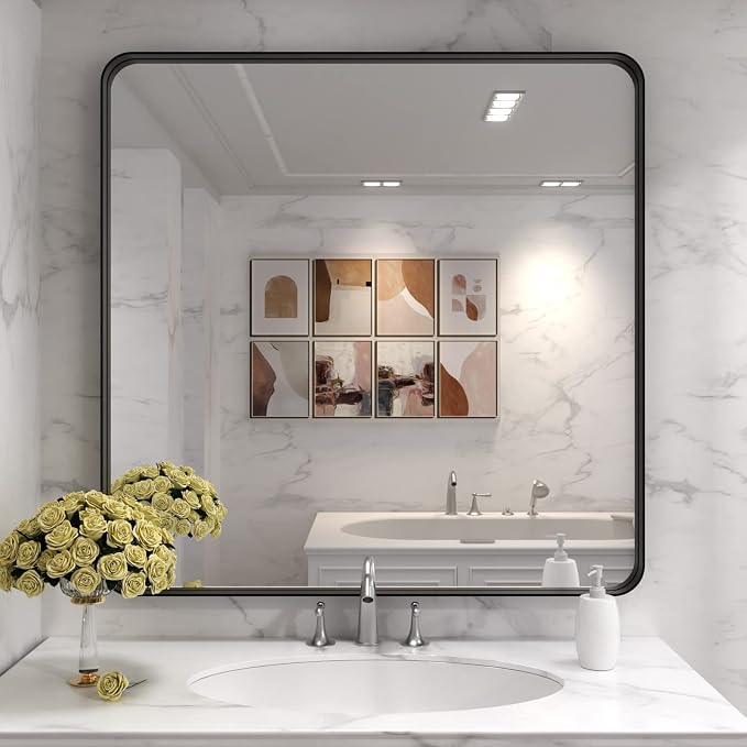 LOAAO 36X36 Inch Black Bathroom Mirror Metal Framed | Rounded Rectangle, Matte Black, Anti-Rust, Tempered Glass, Hangs Horizontally or Vertically