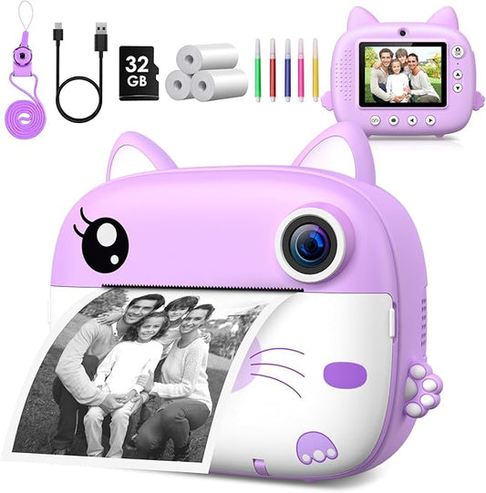 Kids Camera Instant Print, 3.0" HD Screen Kids Instant Cameras, Christmas Birthday Gifts for Girls Boys 3 4 5 6 7 8 9 10 Year Old, Portable Toddler Travel Toys with 32GB Card & 3 Rolls Printer Paper