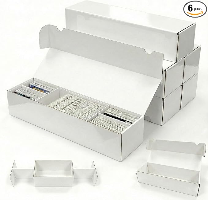 Laminated Trading Card Storage Box, 6-Pack Storage Card Box with 5-Compartment, Glossy White Cardboard Collector Box for TCG/Sports Cards Storage