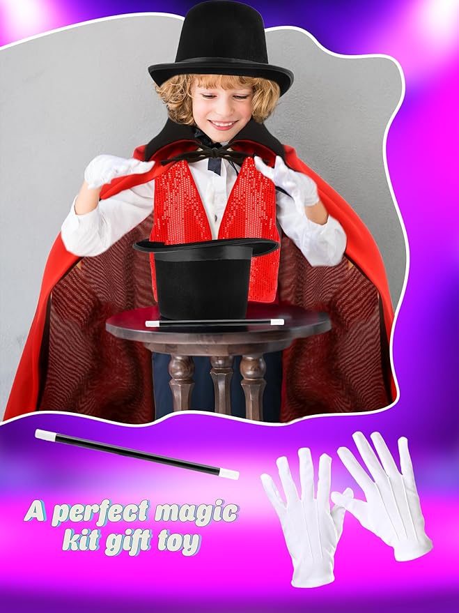 5 Pcs Kids Magic Costume Set Include Magician Hat Cape Vest Wand Gloves Magic Dress Up Outfit for Halloween Pretend Play