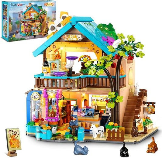 City Pet Shop Building Set with Lights, Cozy Pet House Construction Toy with Cats Dogs Rabbit, 1431 PCS Cute Animal Store Miniature Model Building Block Kit for Adults Kids Boys Girls Ages 12+