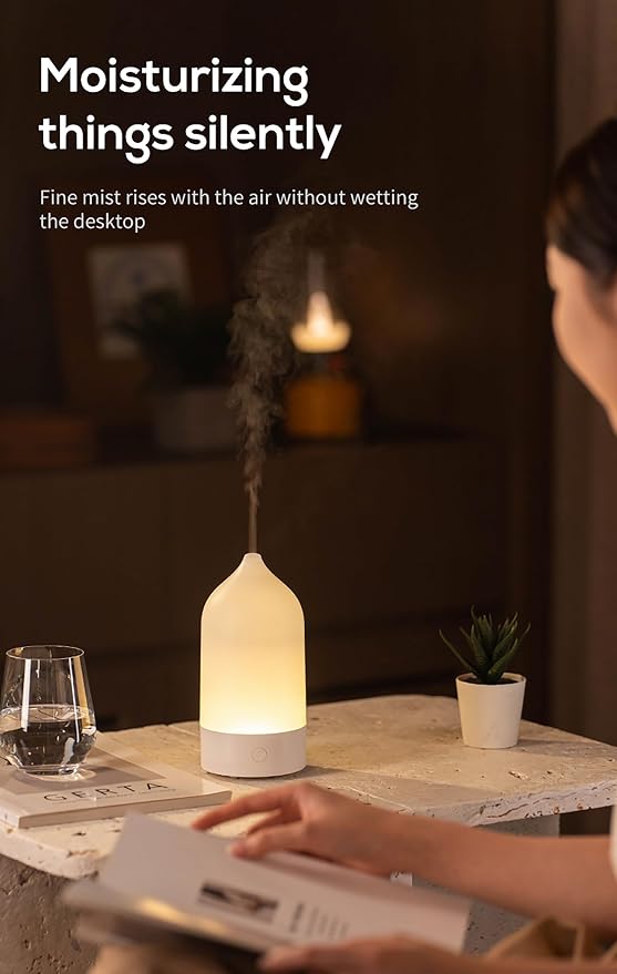 Aroma Diffuser 120ml, Ultrasonic Aromatherapy Humidifier with 7-Color Gradient LED Night Light, Silent Mist Maker for Home, Bedroom, Office, Desk, Simple 3-in-1 Design (White)