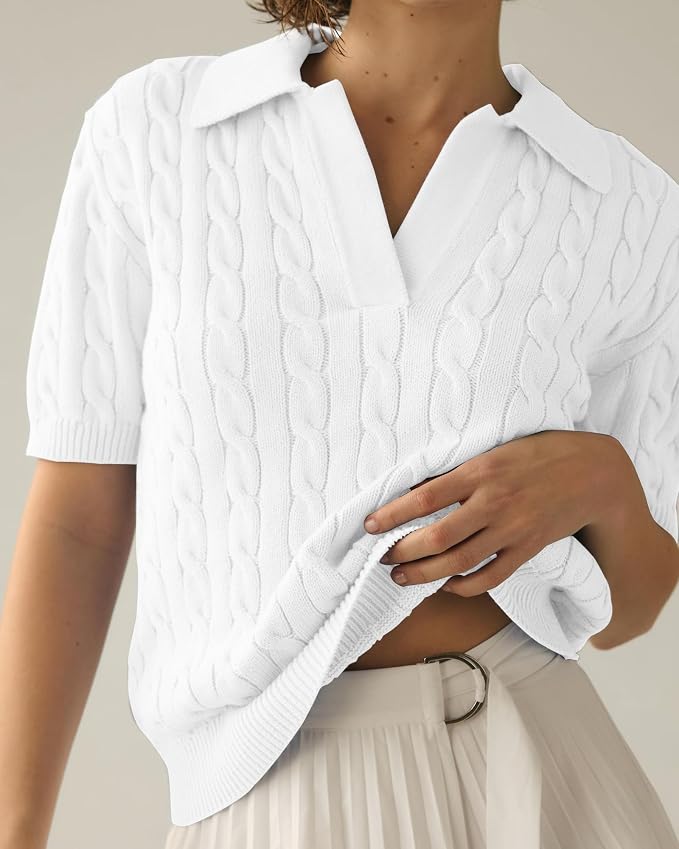 Imily Bela Womens Cable Short Sleeve Sweaters Tops Lapel V Neck Knit Shirt | Solid,Knit Casual,Soft Pullover,Fall Sweaters,Womens Summer Work Tops