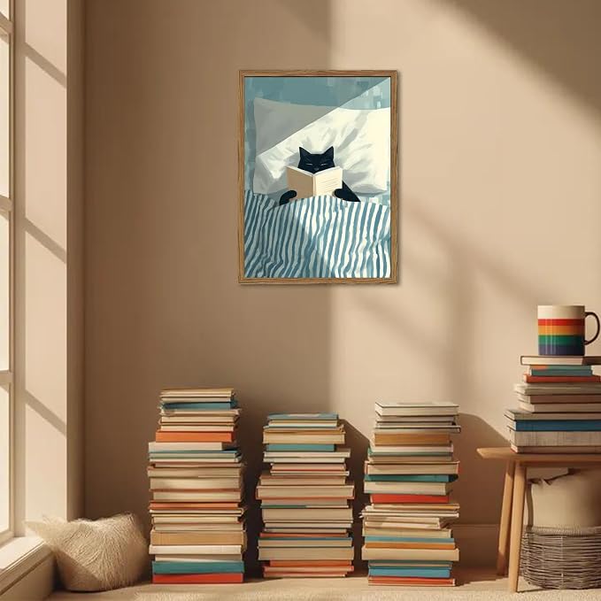Framed Funny Black Cat Wall Art, Whimsical Cat in Stripe Bed Reading Wall Decor Painting Cute Animal Book Lover Poster Canvas Print for Bedroom Living Room 16x24 inch Wood Framed
