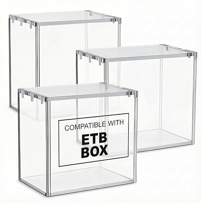 ETB Protector Case 3-Pack, 8mm + 5mm Clear Acrylic Display Boxes with Strong Magnetic Lids, Moisture-Resistant Sturdy Storage & Display, Compatible with Elite Trainer Box (Box Not Included)