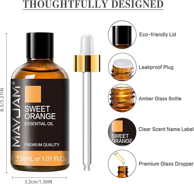 MAYJAM Sweet Orange Essential Oil for Diffuser Soap Making, 1.01fl.oz | Long Lasting Scents, Orange Essential Oil for Skin, Citrus Essential Oils for Candle Making