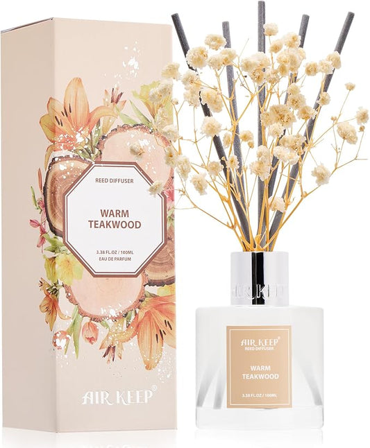 Airkeep Reed Diffuser Set,3.38 fl oz (100 ml) - Warm Teakwood Oil Diffusers with 8 Reed Sticks, Home Fragrance Reed Diffuser for Bathroom Shelf Decor