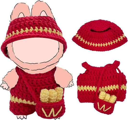 17cm Doll Clothes, 3-Piece Handmade Crochet Doll Outfit Set, Kawaii Style Accessories with Cute Hat, Jumpsuit & French Fries Bag Compatible 6 Inch, Gift for Collectors (ONLY Outfit)
