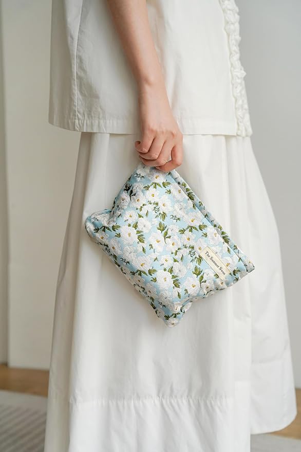 The Summer Swan Large Aesthetic Makeup Bag | Floral Makeup Bag | Mid-Day Clutch | Period Kit Bag | Hygiene Bag | Skincare Bag (White Jasmine)