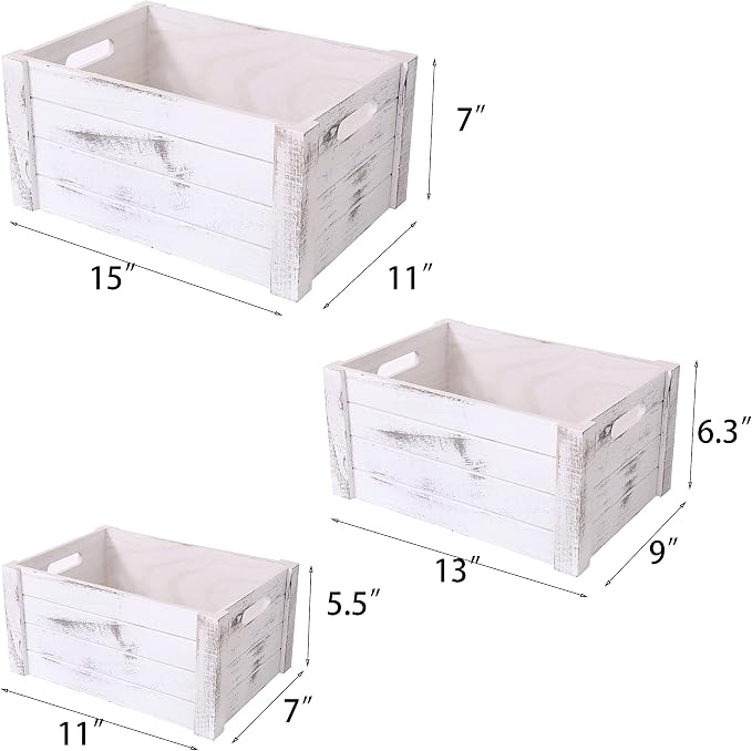 Farmhouse Antique White Wooden Crate For Storage,Rustic Decorative Boxes,Set Of 3 Extra Large Nesting Wooden Storage Crates For Home Decor,Handmade Natural Solid Wood Box (Rustic White)