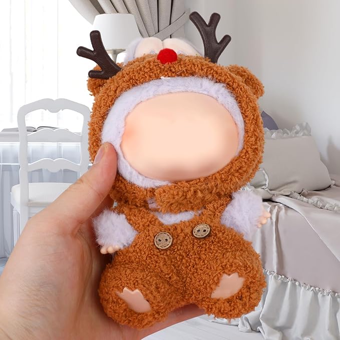 Clothes for 17cm Doll, Brown Deer Hoodie Outfit for 6.7 Inch Plush Dolls – Cute Animal-Themed Jumpsuit Costume for Dress Up Display Photography Accessories Gifts for Collectors(No Doll Included)
