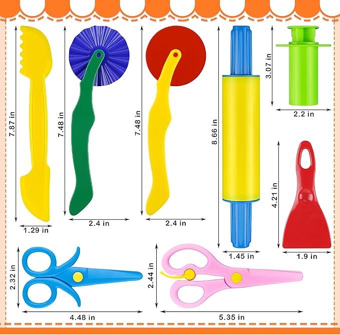 Clay and Dough Tools 12 Pcs Basic Dough Tools Set for Kids with Extruders, Rolling Pin, Cutters,Plastic Hand Scraper, Scissors