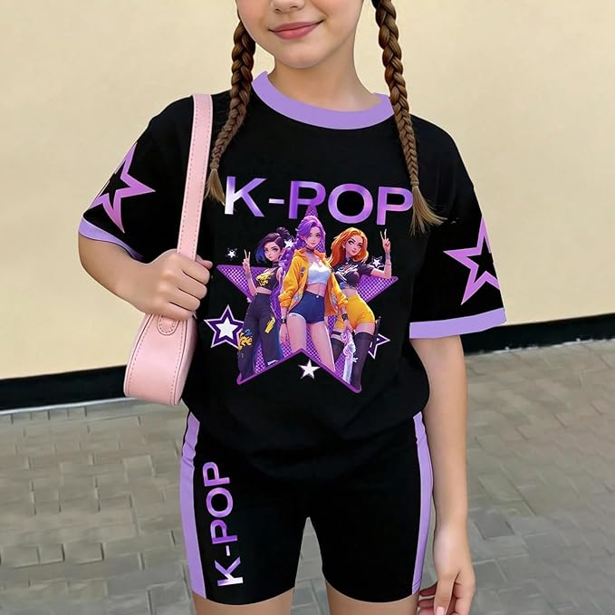 K-POP DEM0N Hunters Outfits for Girls, 2 Piece T-Shirts and Apparel Sets Birthday Gift