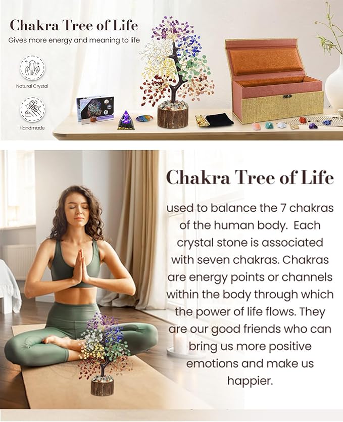 7 Chakra Crystal Tree of Life with Orgonite Pyramid (Set 2) - Unique Birthday Gifts for Women, Valentine's Day New House Warming Gifts, Chakra Trees Healing Positive Energy for Home Office Desk Decor