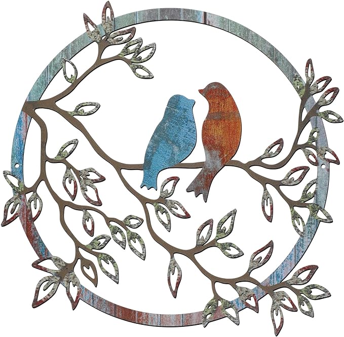 Ferraycle Metal Wall Art Bird on Tree Branch Silhouette Bird Hanging Ornament Porch Wall Decor for Living Room Outdoor Garden Bedroom Office Housewarming Party Decoration(Retro Color)