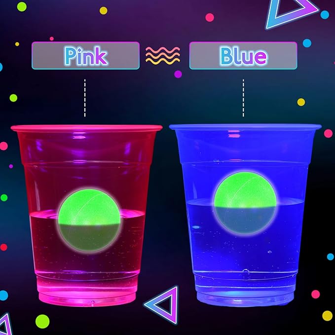 32 Pcs Glow in The Dark Party Table Tennis Game Set Include 24 Pcs Glowing Plastic Cups and 8 Balls for Indoor Outdoor Party Event Birthdays Weddings BBQ Parties