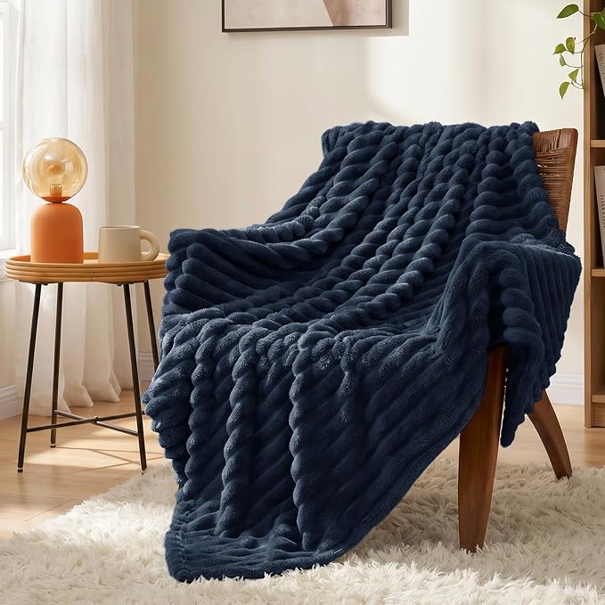 Navy Blue Blankets Queen Size for Bed, 90 x 90 Inch | 300GSM Ribbed Fleece Blanket, Soft, Cozy & Lightweight, OEKO-TEX Certified, All-Season for Bedrooms, Guest Rooms & Gifting