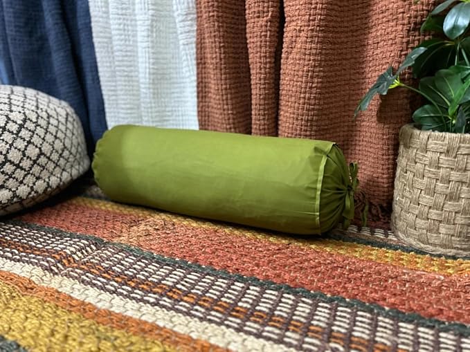 Cylindrical Pillow Bolster Cover Cervical Neck Roll Cotton Pillowcase with Drawstring Closure Neck Cushion Cover 6" x 18" (15 x 45 cm) Olive Green