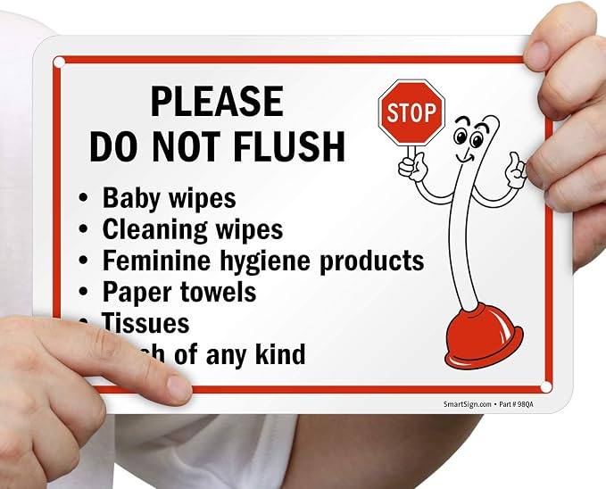 SmartSign 7" x 10" 'Please Do Not Flush Wipes/Feminine Hygiene Products/Paper Towels/Tissues/Trash' Bathroom Sign with Funny STOP Symbol, 55 mil HDPE Plastic, Red/Black/White, USA-Made