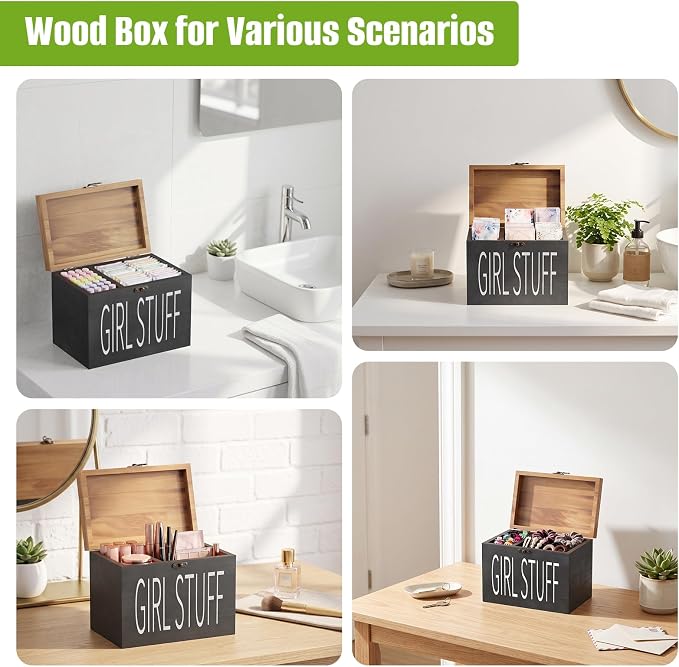 Wood Tampon Holder Box with Lid, Feminine Product Organizer, Girl Stuff Box for Bathroom & Vanity Counter, Tampon Storage, Bathroom Period Products, Toilet Organizer, Ideal Gift for Girl
