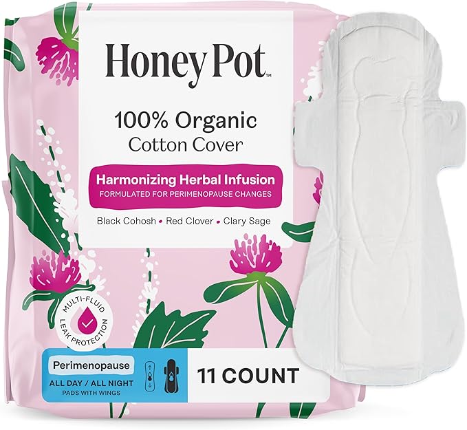 Honey Pot - Perimenopause All Day All Night Pads for Women - 100% Organic Cotton Top Sheet - Feminine Care - Multi-Fluid Absorbency - Harmonizing Herbs of Black Cohosh, Clary Sage, & Red Clover - 11ct