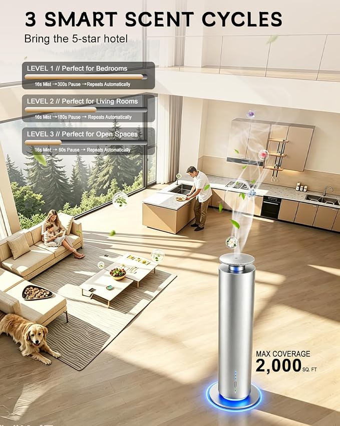 JEKAL Waterless Scent Diffuser Starter Kit with 5 Oils - Smart APP Cold Air Scent Machine, Up to 2000 Sq Ft for Homes Offices Hotels Spas - Quiet Essential Oil Diffuser 8H Battery 3-Color Light,Sliver