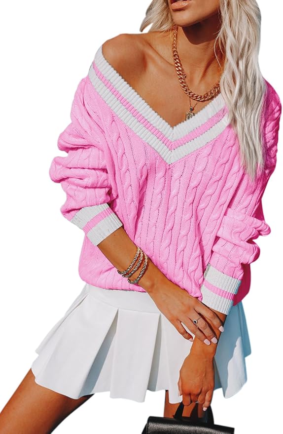 Aoudery Womens V Neck Oversized Sweaters Long Sleeve Cable Knit Pullover Striped Chunky Sweater Casual Tennis Tunic Tops