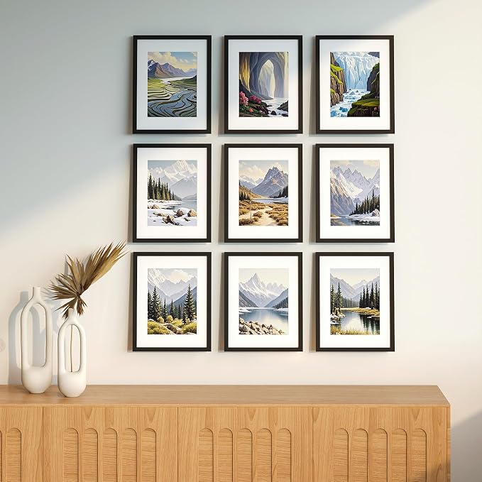 8x10 Picture Frame Set of 9, Display Pictures 5x7 with Mat or 8x10 without Mat, Multi Collage Gallery Square Photo Frames for Wall or Tabletop, Black
