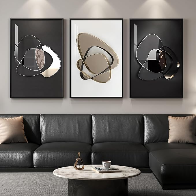 Large Framed Modern Elegant Abstract Wall Art for Living Room, 3 Piece Contemporary Luxury Metal Style Prints Paintings, Minimalist Pictures for Entryway, BeeHome, Home Office Wall Decor 24x36 In