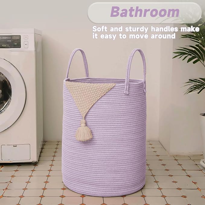 JMvicyroam 100L Cotton Rope Laundry Basket Hamper, Purple | Collapsible laundry basket, reinforced handles, freestanding, machine washable, holds 3-5 thick blankets, clothes or toys