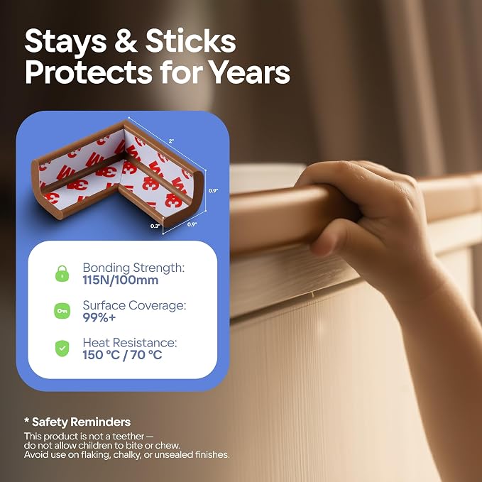 Baby Proofing Kit 18ft Edge Protector & 8 Corner Protectors, Non Toxic & Soft Rubber Foam, Baby Bumper & Corner Covers for Table, Desk, Crib, Fireplace, 3M Adhesive, Brown