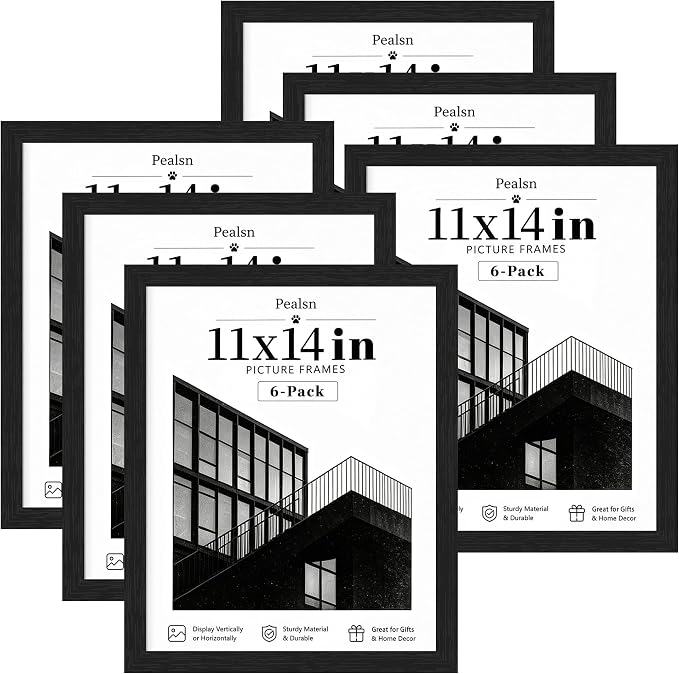 PEALSN 11x14 Picture Frame Set of 6, Black Woodgrain with HD Plexiglass | Modern Gallery Wall with Vertical and Horizontal Wall Mounting or Tabletop Display Options for Photos,Posters and Artwork