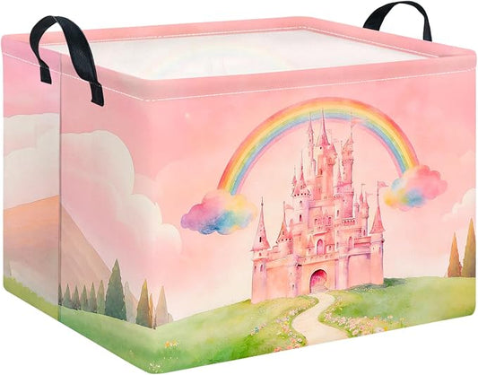 CLOCOR Rectangular Storage Basket Empty,Gift Basket,Waterproof Storage Bin with Handles,Room Decor(Pink Castle)
