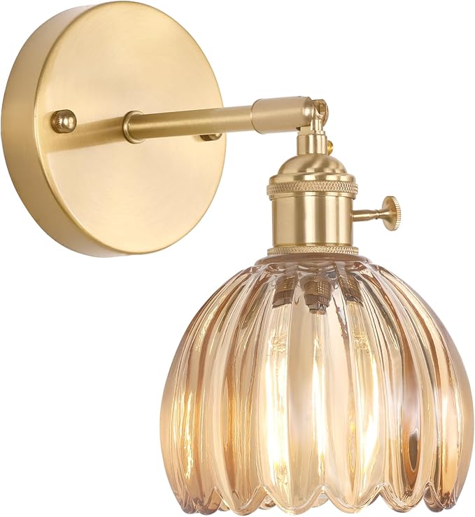 Shenmoyl Vintage Wall Sconces with Amber Tulip Glass Lampshade 180 Degree Adjustable Brass Sconces Hradwired Modern Wall Lighting Fixture with Switch for Bedside Bedroom Doorway
