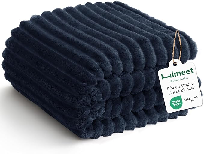 HIMEET Navy Blue Queen Blanket for Bed, 300GSM Ribbed Fleece, 90 x 90 in | Ultra Soft Flannel, All-Season Lightweight Warmth, Cozy Bed Coverage & Bedroom Decor, Gift for Men & Women, Machine Washable