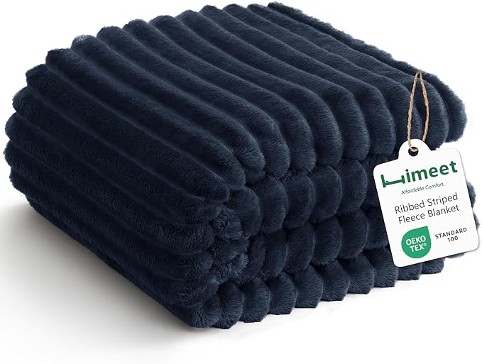 HIMEET Navy Blue Twin Blanket for Bed, 300GSM Ribbed Fleece, 60 x 80 Inches | Ultra Soft Flannel, All-Season Lightweight Warmth, Bed Layering Pick & Dorm Essential, Gift for Men & Women, Machine Washable