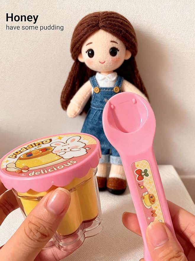 Pretend Play Pudding Feeding Toy for Dolls,Stuffed Animals Figurines,Automatic Feeding Toy with Spoon,Perfect for Doll Role Play Ideal Birthday for 3-6 Year Old Girls
