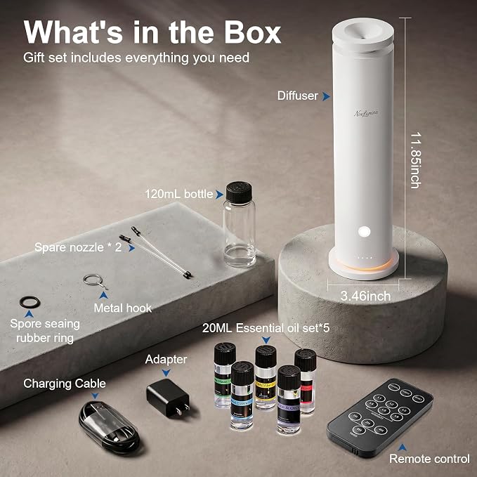 Waterless Diffuser Pro with 5 Scent Oils, Luxury Hotel-Class Essential Oil Diffuser Machine with 1500 Sq Ft Cover, 6 Mist, 4.06Oz Air Diffusers for Home Large Room Hotel SPA - White